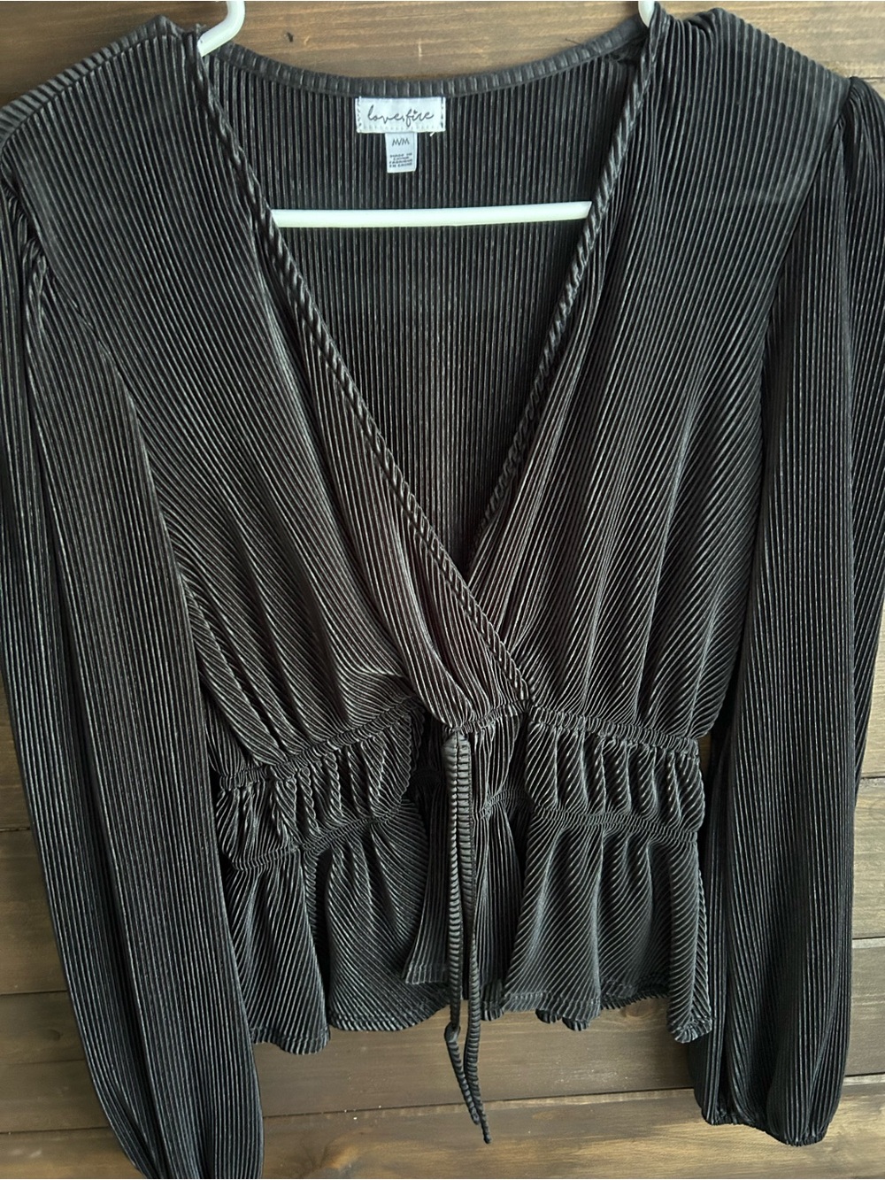 love, Fire Black Pleated Wrap-Style Long Sleeve Top